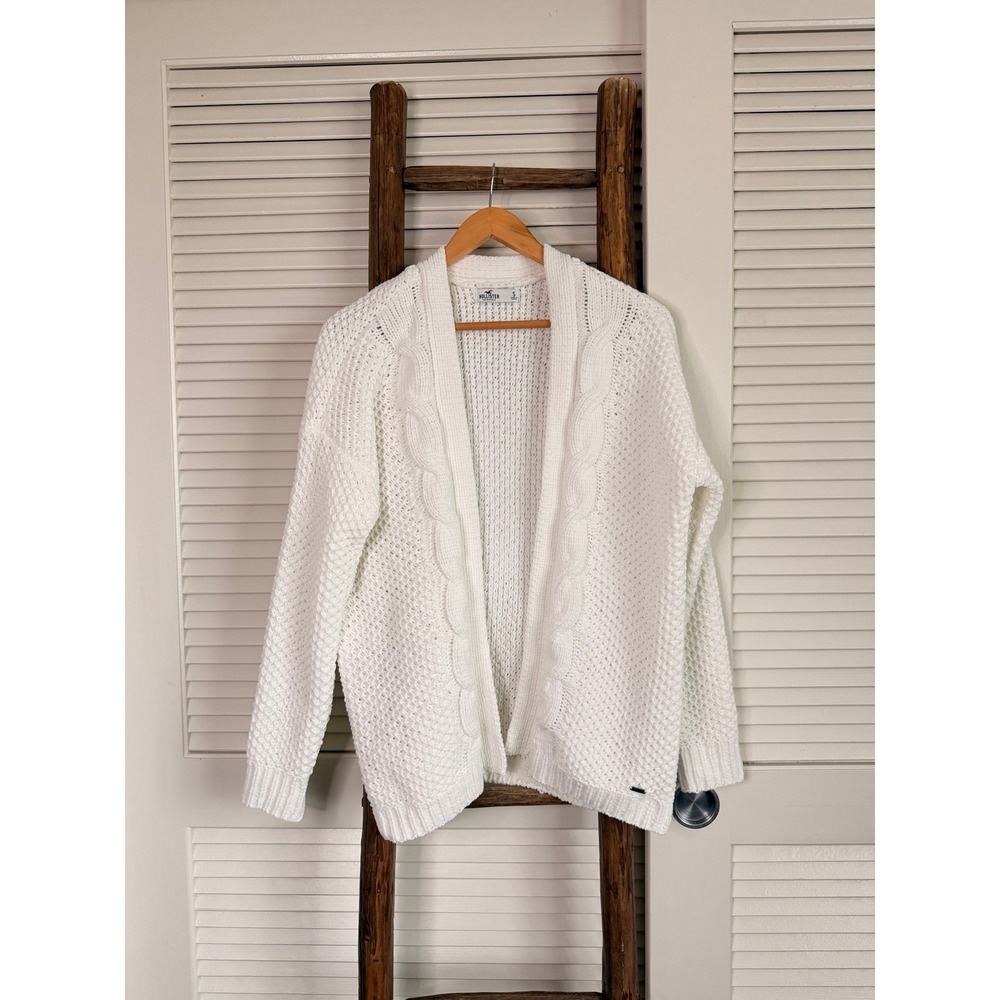 Hollister Cardigan Sweater Womens Small‎ White Excellent Chenille Cable Knit